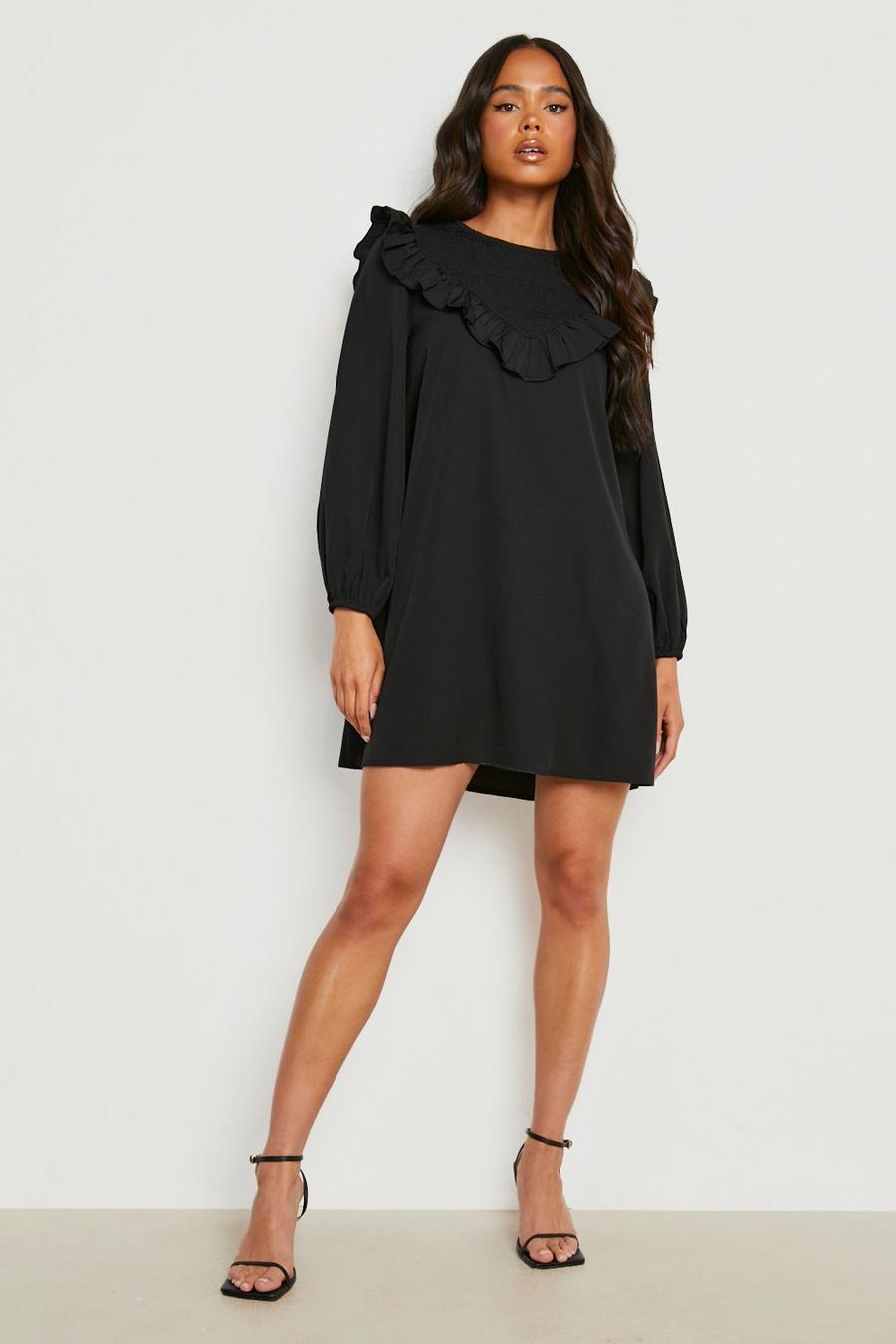 Black Petite Shirred Detail Ruffle Smock Dress image number 1