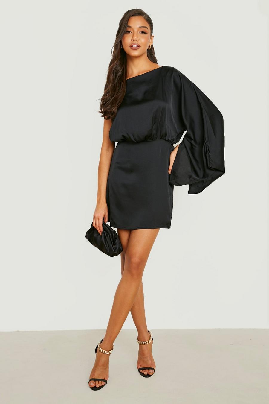 Black Satin Asymmetric Cape Sleeve Mini Dress image number 1