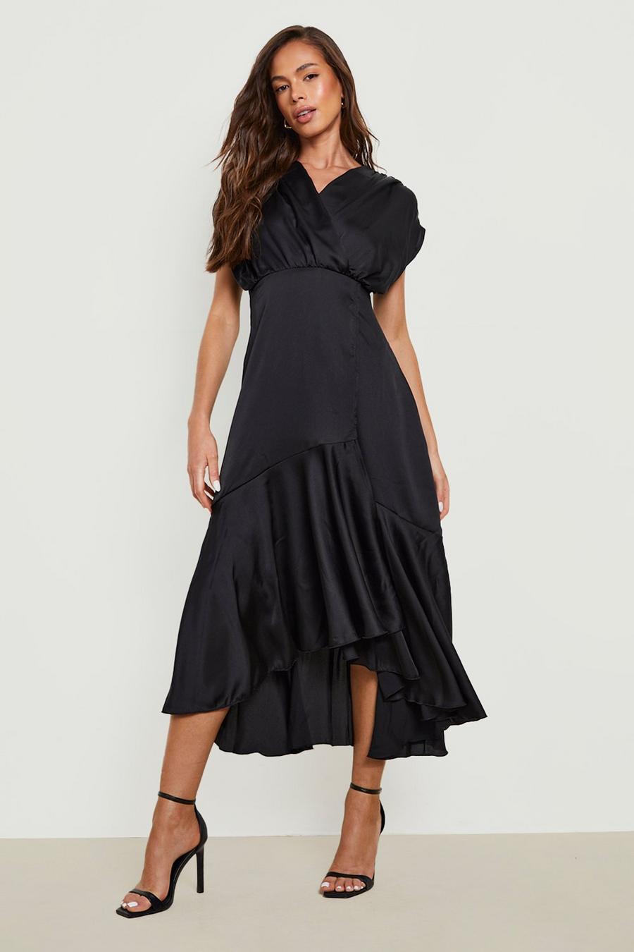 Black Satin Drop Hem Asymmetric Midaxi Dress image number 1