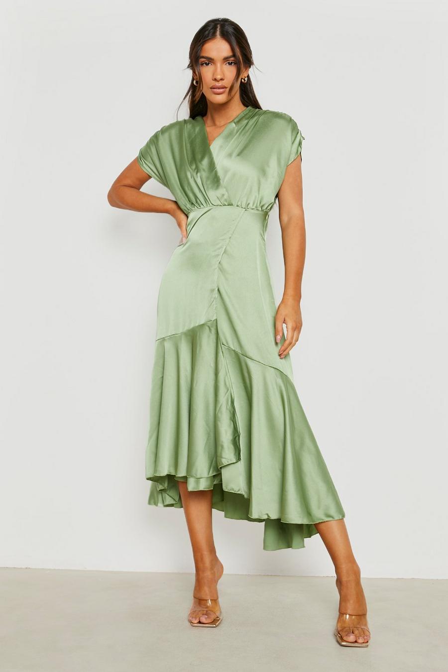 Olive Satin Drop Hem Asymmetric Midaxi Dress image number 1
