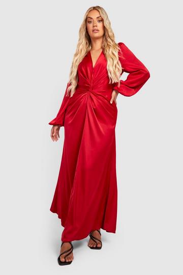 Plus Satin Twist Front Blouson Sleeve Maxi Dress berry