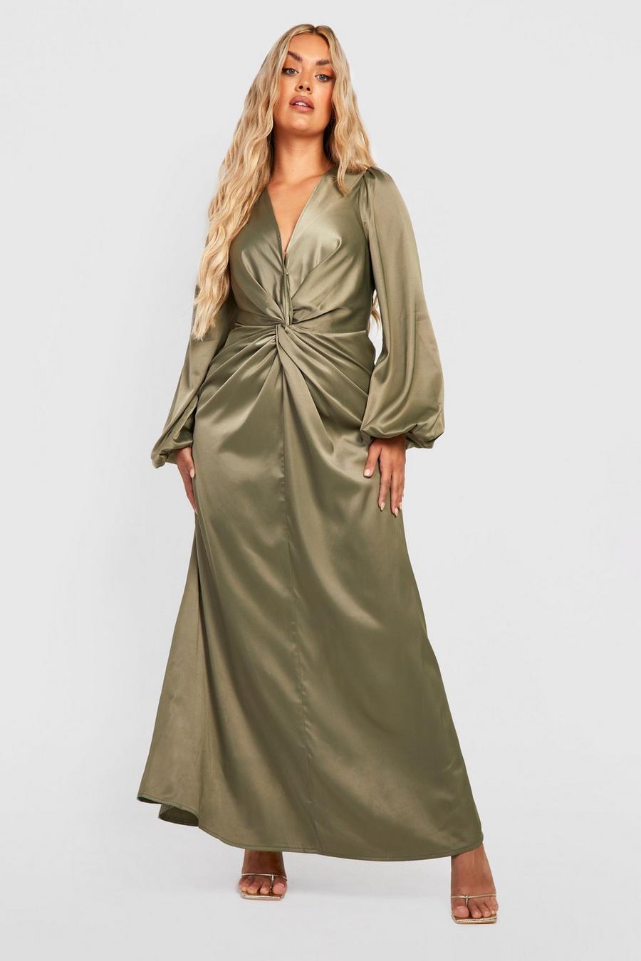 Olive vert Plus Satin Twist Front Blouson Sleeve Maxi Dress