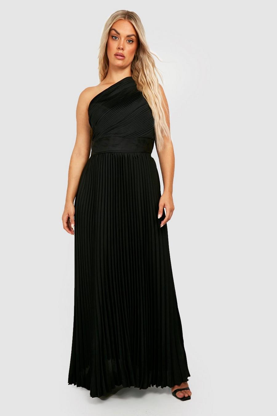 Black Plus One Shoulder Pleated Midi Dress image number 1