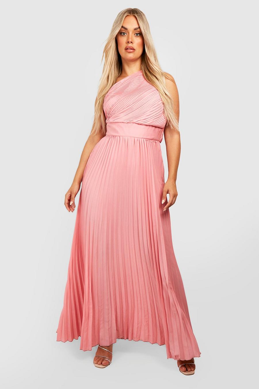 Rose pink Plus One Shoulder Pleated Midi Dress