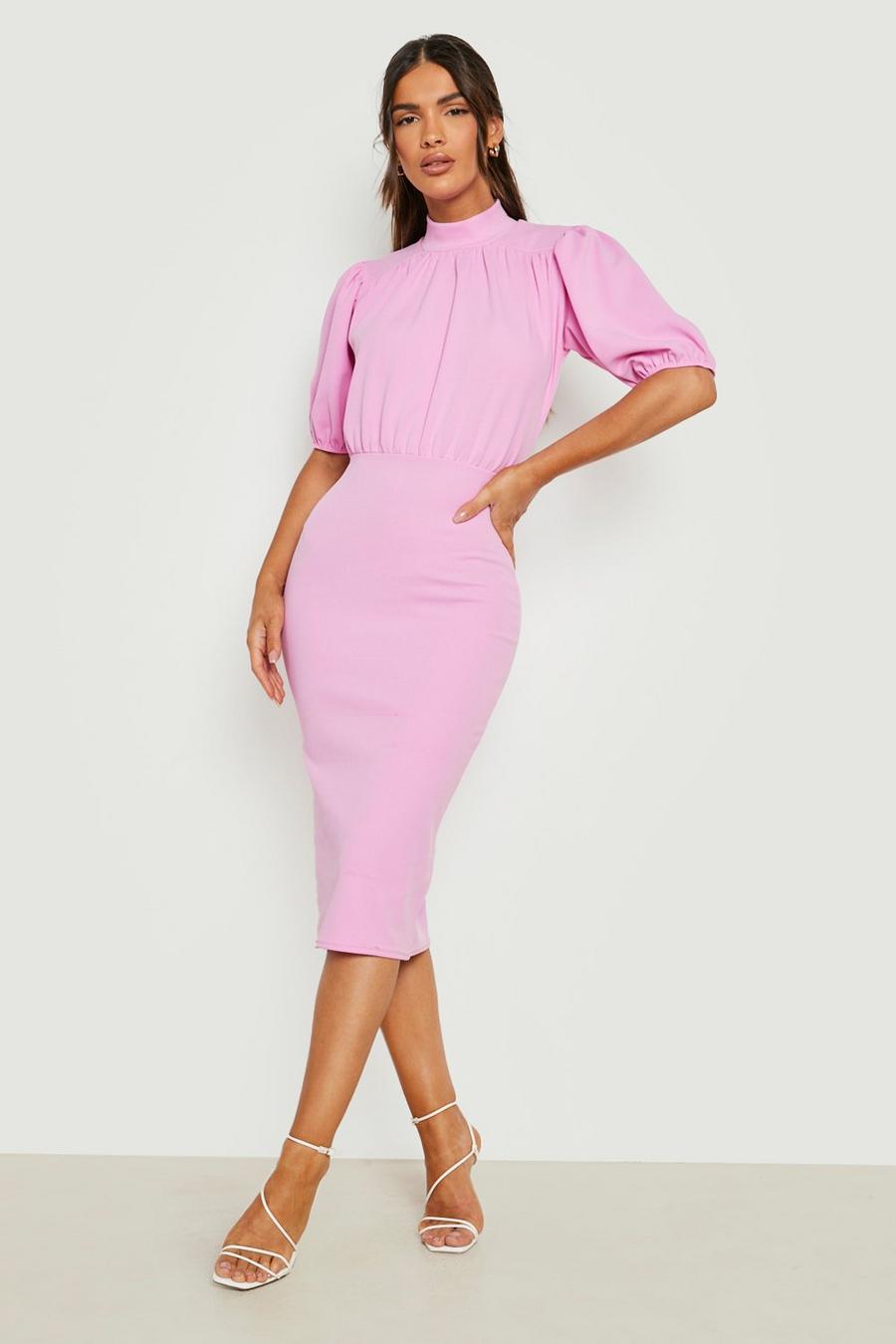 Pink Puff Sleeve Rouched Midi Dress image number 1