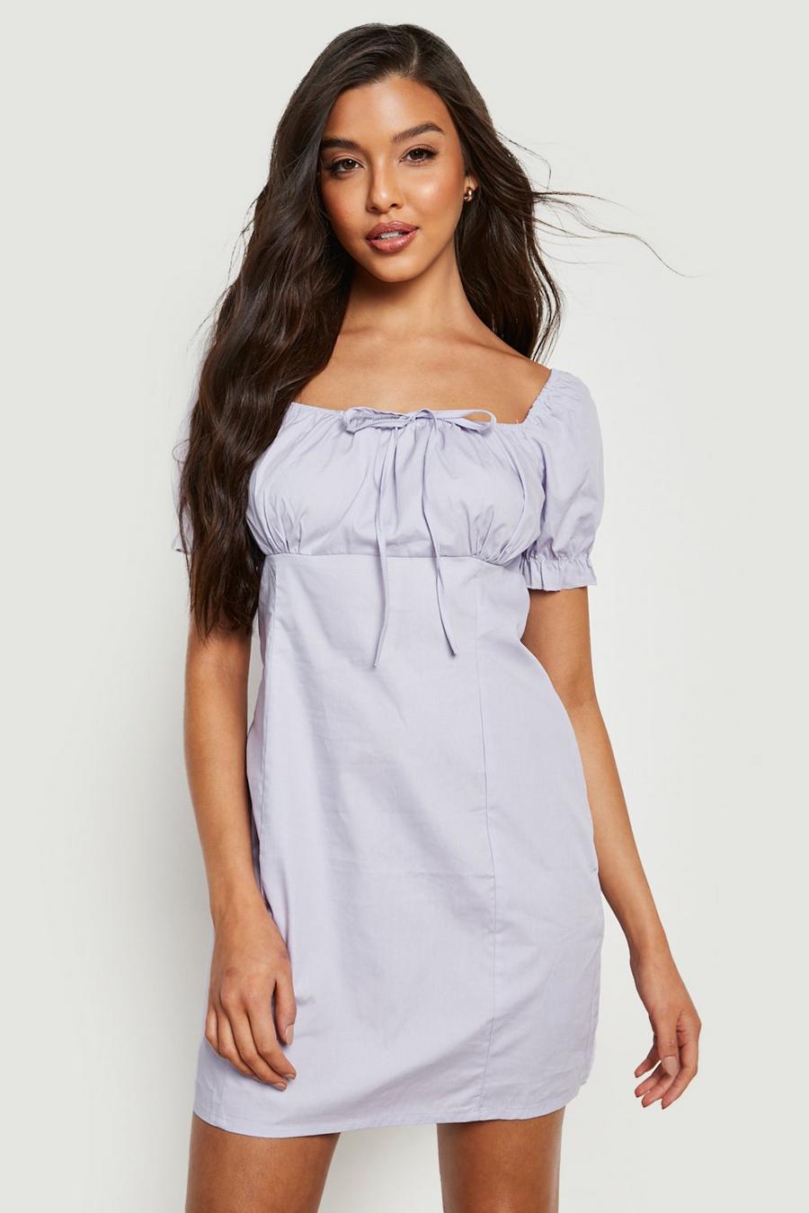 Lilac Cotton Bardot Rouched Bust Mini Dress image number 1