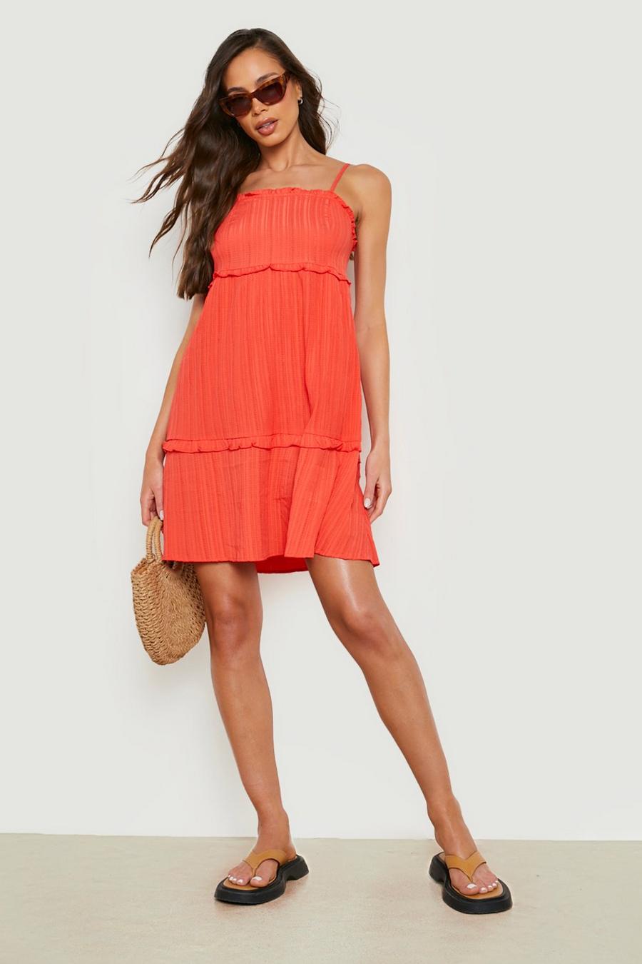 Coral Textured Frill Detail Tiered Smock Dress image number 1