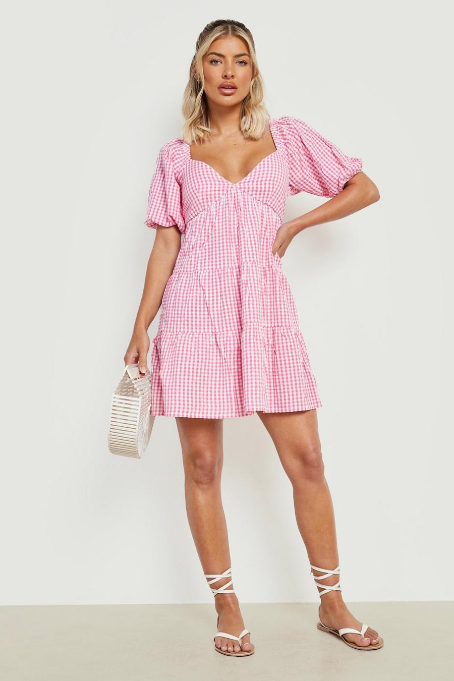 Pink Gingham Tiered Smock Dress