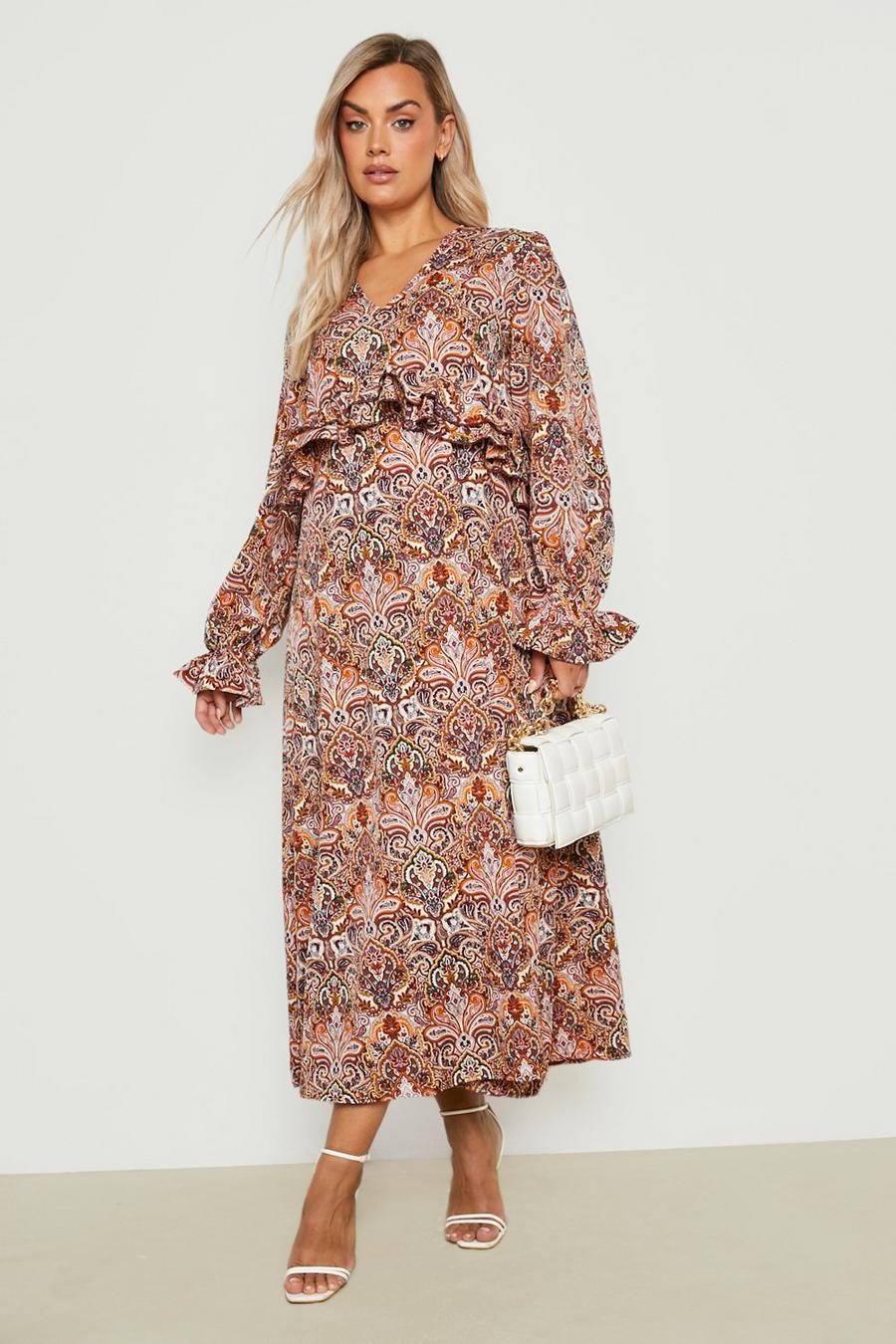 Brown Plus Paisley Plunge Ruffle Midaxi Dress image number 1