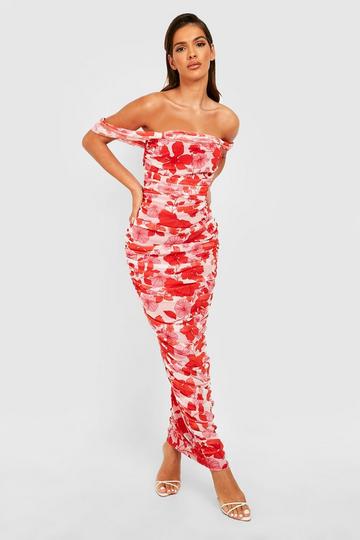 Red Floral Ruched Mesh Off The Shoulder Maxi Dress