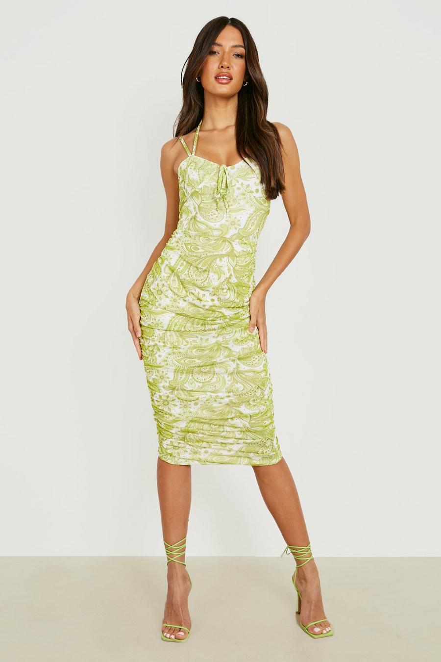 Green Paisley Printed Mesh Rouched Midi Dress image number 1