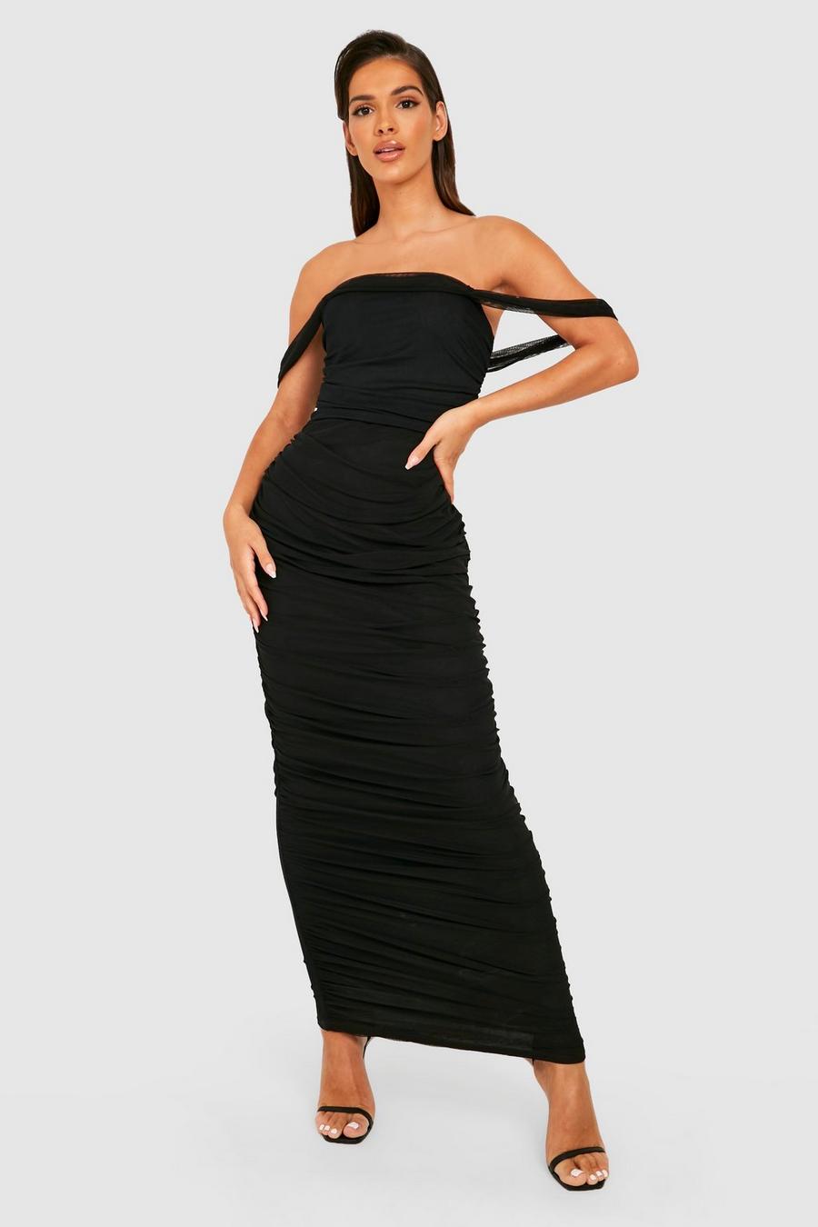 Black Rouched Mesh Draped Bardot Maxi Dress image number 1