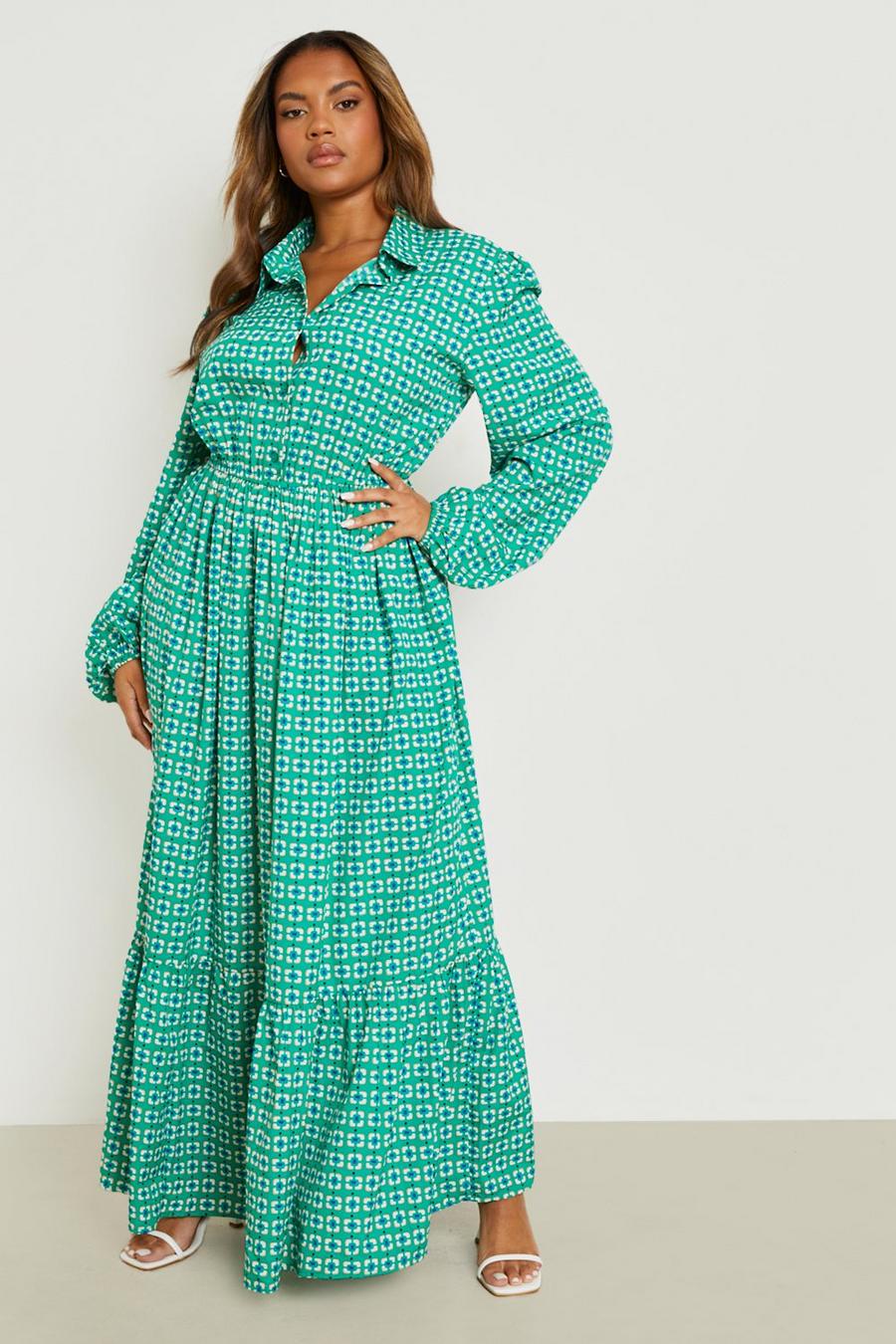 Green Plus Geo Print Tiered Maxi Smock Dress