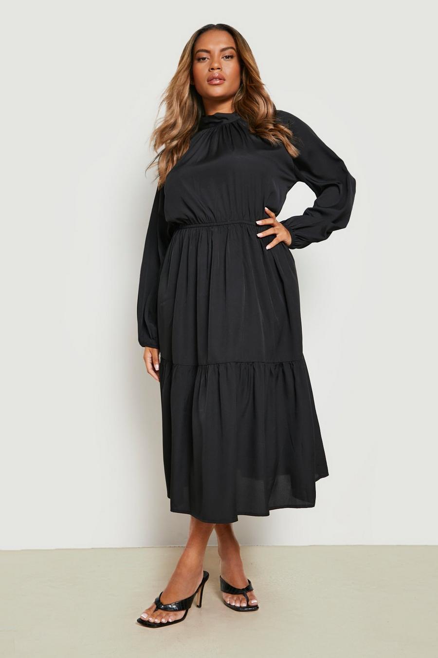 Black Plus Pussybow Belted Tiered Midi Dress