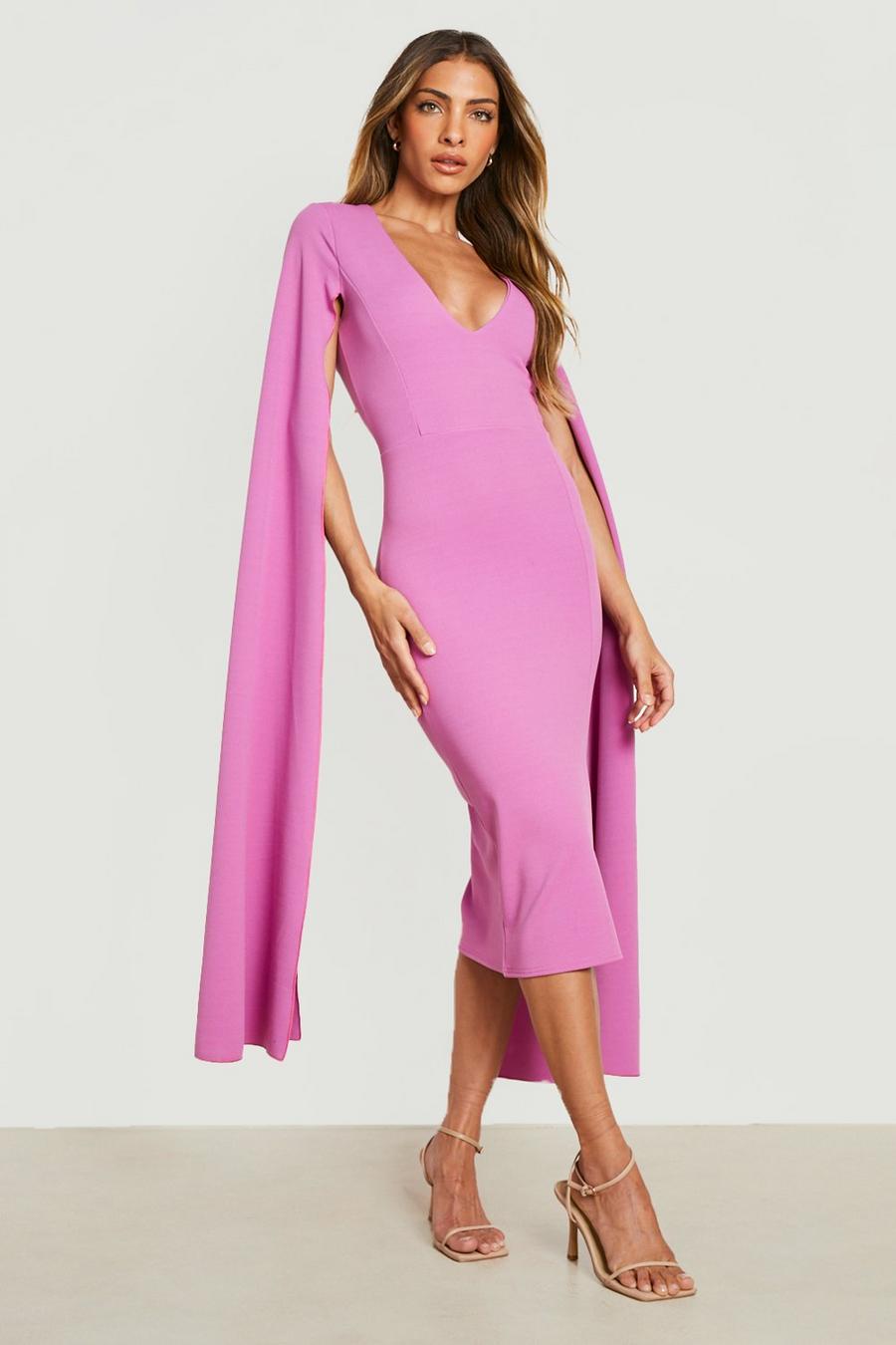 Magenta pink Cape Detail Plunge Bodycon Midi Dress image number 1