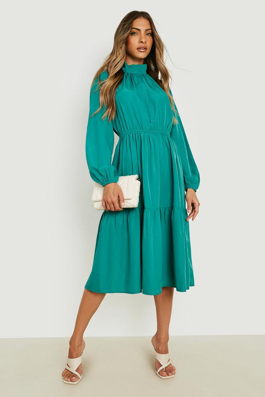 Emerald green Pussybow Belted Tiered Midi Dress