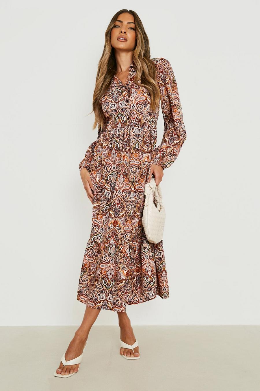 Brown Paisley Tiered Midaxi Smock Dress image number 1