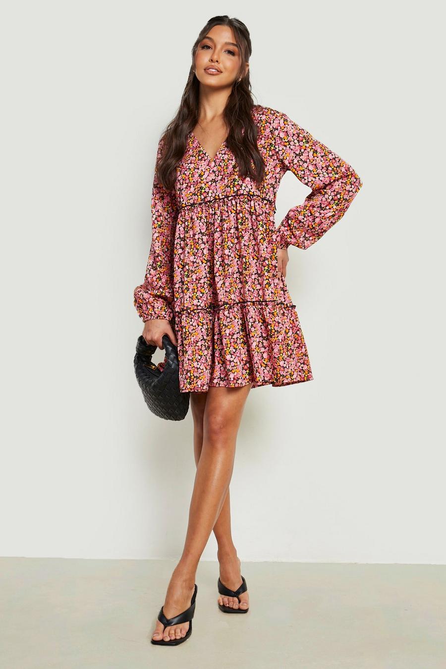 Pink Floral Ruffle Tiered Smock Dress