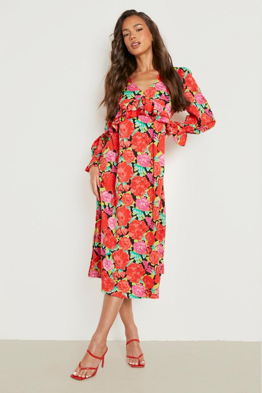 Red Floral Plunge Ruffle Midi Dress image number 1
