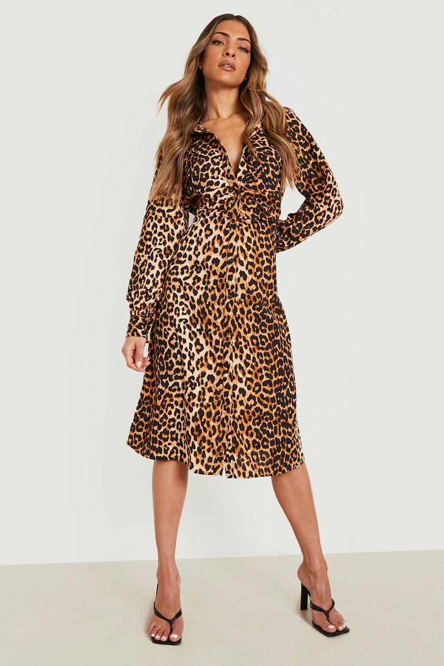 Brown Leopard Print Ruched Midi Shirt Dress image number 1