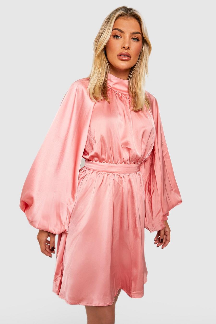 Pink Blouson Sleeve Satin Mini Skater Dress image number 1