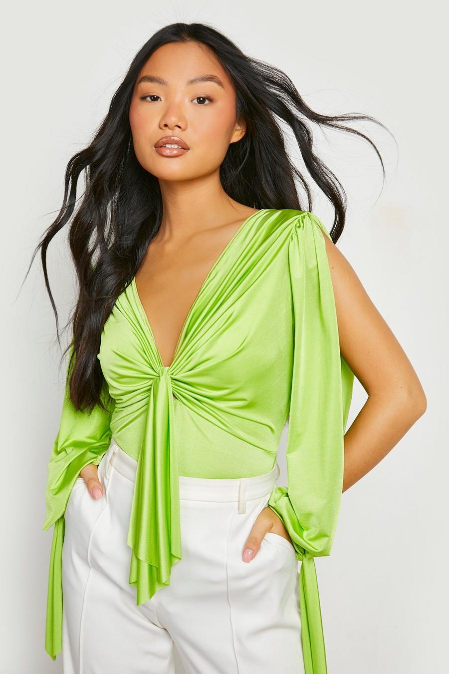 Lime green Petite Slinky Tie Split Sleeve Bodysuit