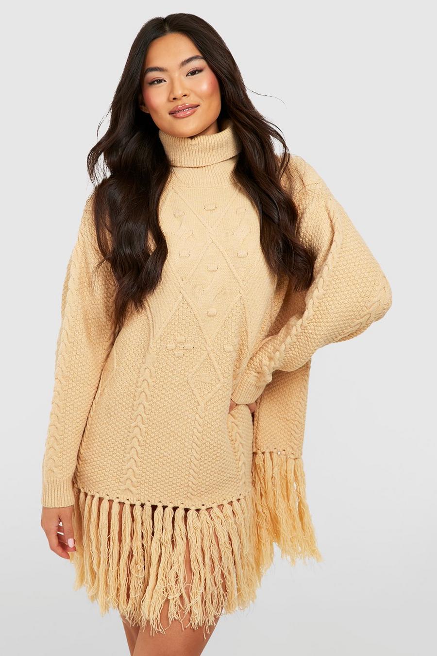 Stone beige Turtleneck Cable Knit Tassel Sweater Dress