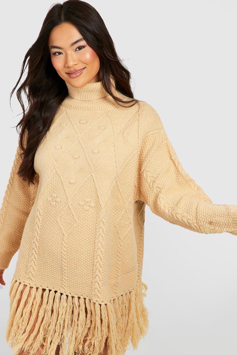 Turtleneck Cable Knit Tassel Sweater Dress | boohoo