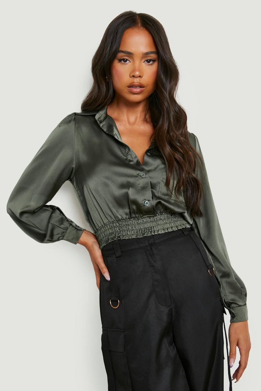 Khaki Petite Utility Shirred Waist Shirt  image number 1