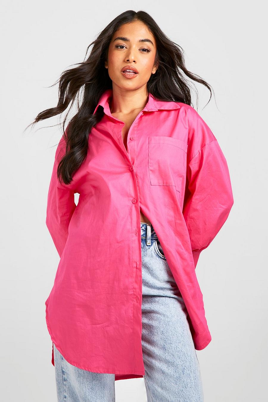 Hot pink Petite Oversized Cotton Puff Sleeve Shirt image number 1