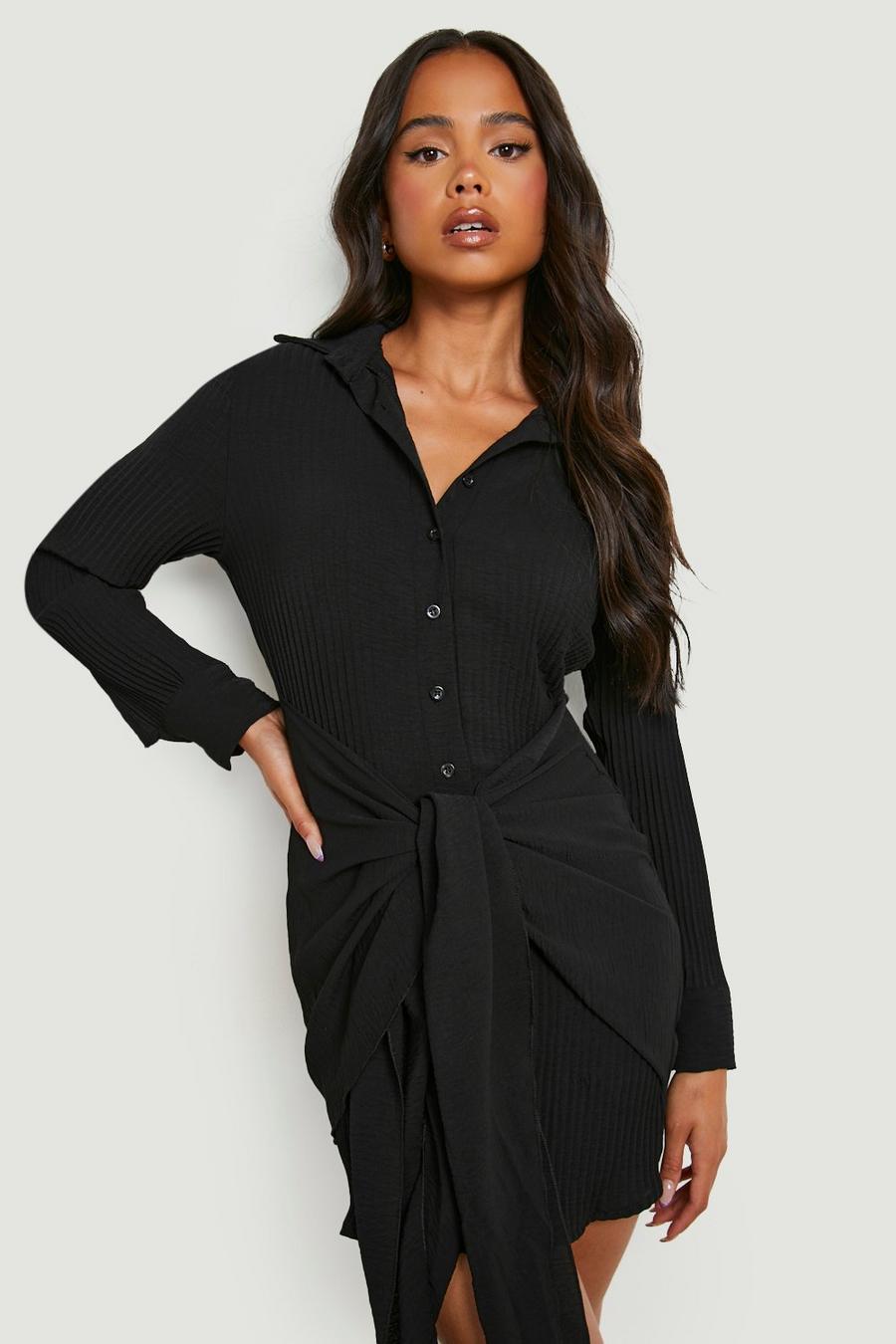 Petite - Robe chemise plissée nouée, Black image number 1