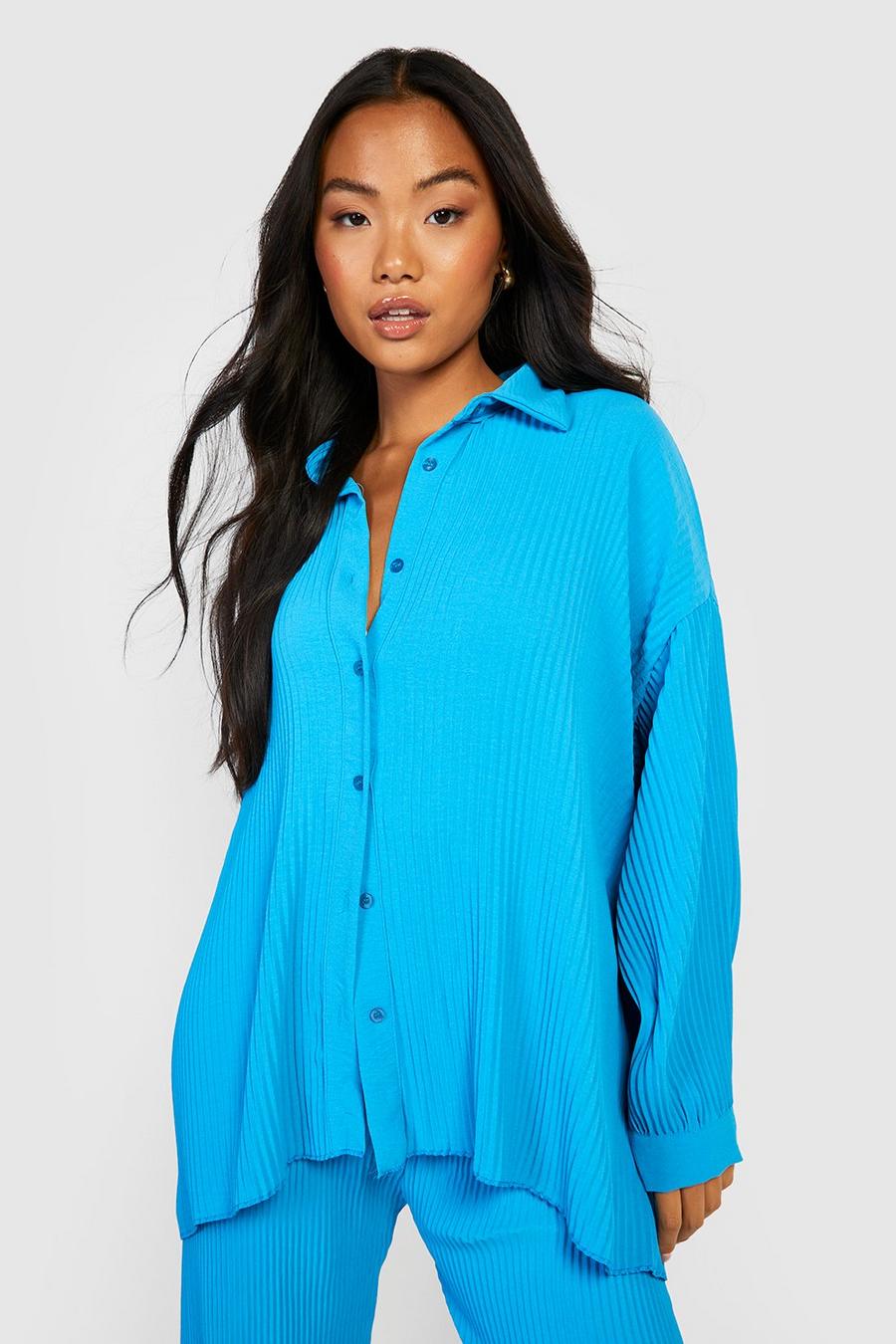 Turquoise Petite Plisse Oversized Shirt  image number 1