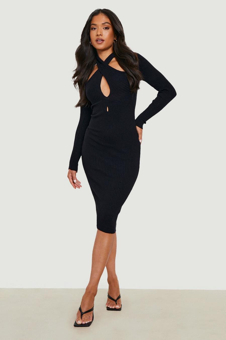 Black Petite Tie Front Knitted Midi Dress image number 1