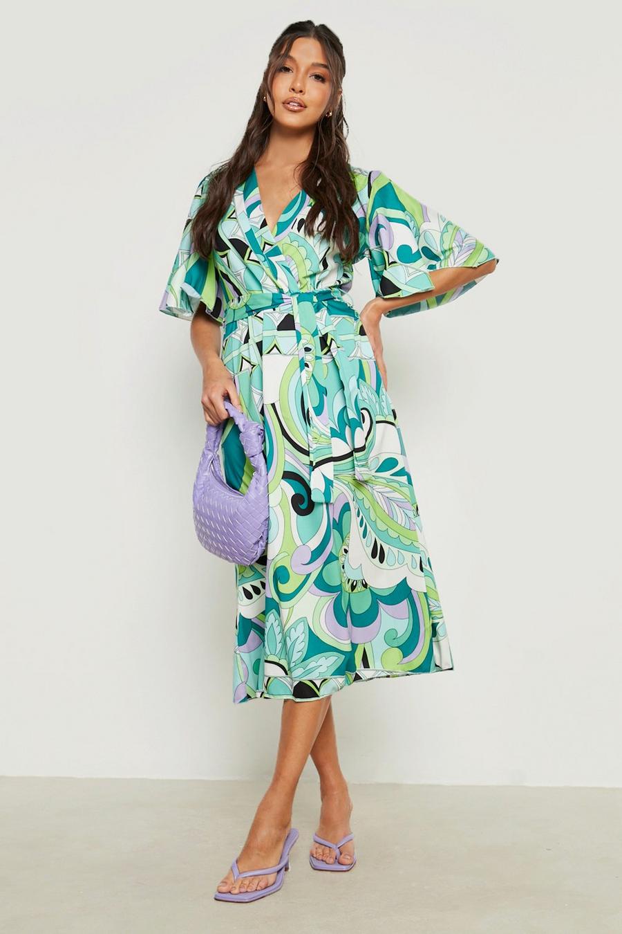 Green Abstract Print Wrap Midi Dress image number 1