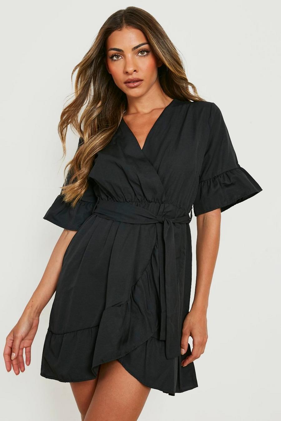Black svart Ruffle Wrap Belted Woven Tea Dress