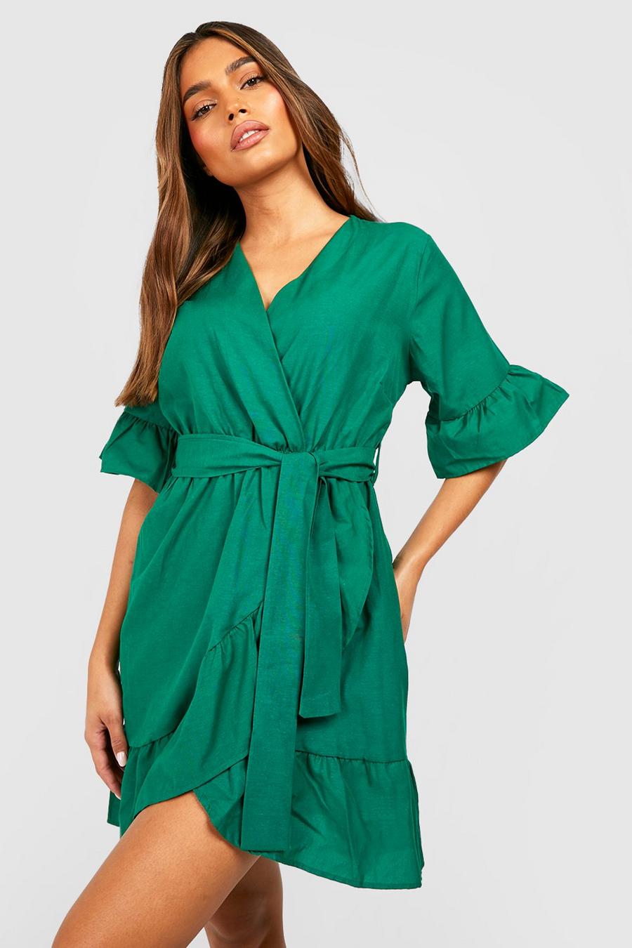 Green Ruffle Wrap Belted Woven Tea Dress image number 1