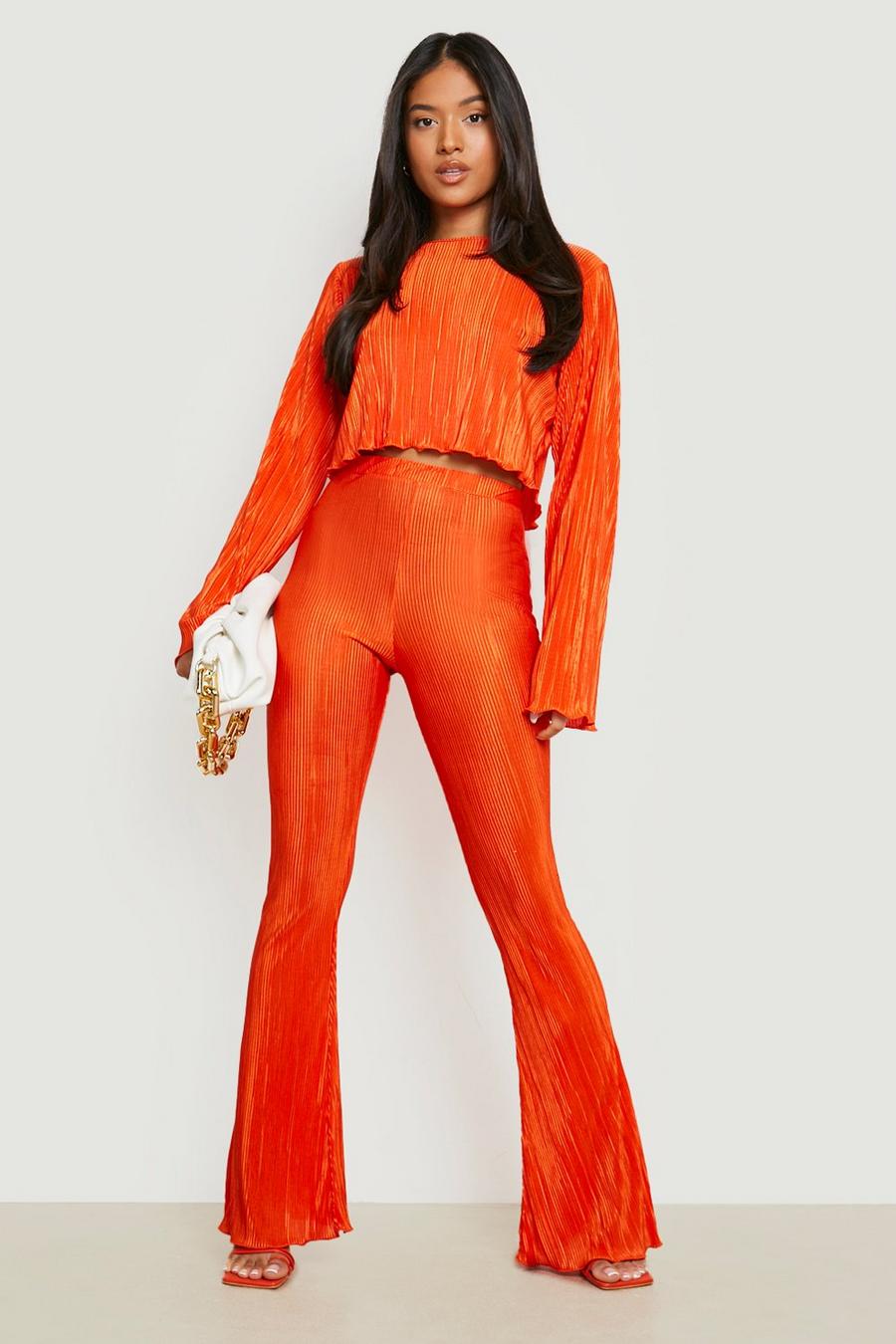 Orange Petite Plisse Flare Trousers image number 1