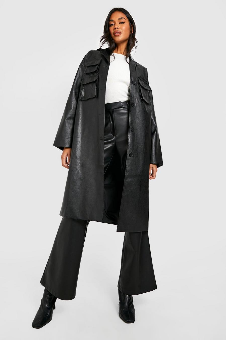 Abrigo de cuero sintético con bolsillo estructurado, Black image number 1