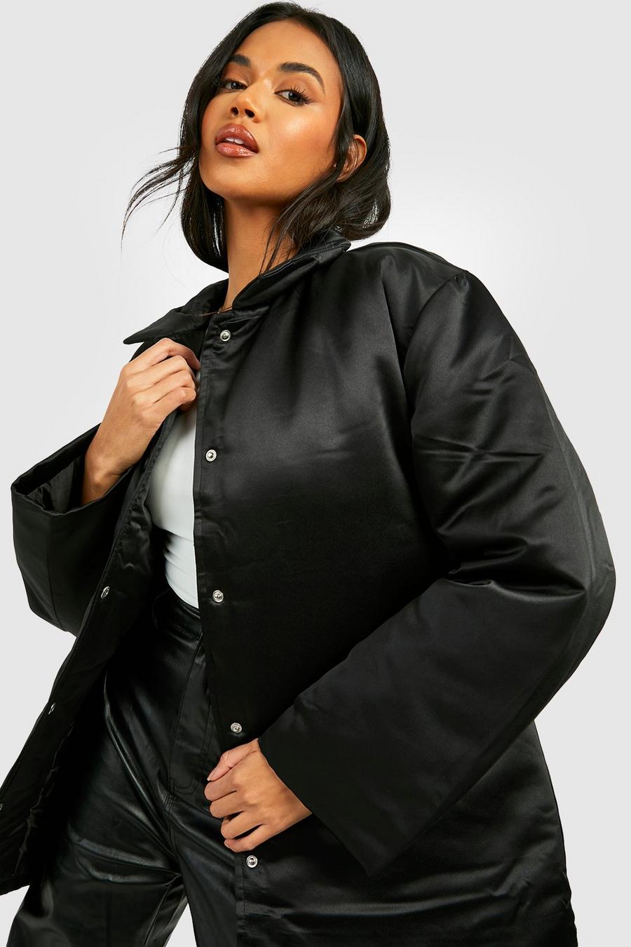 Abrigo de raso acolchado con detalle en el cuello, Black negro