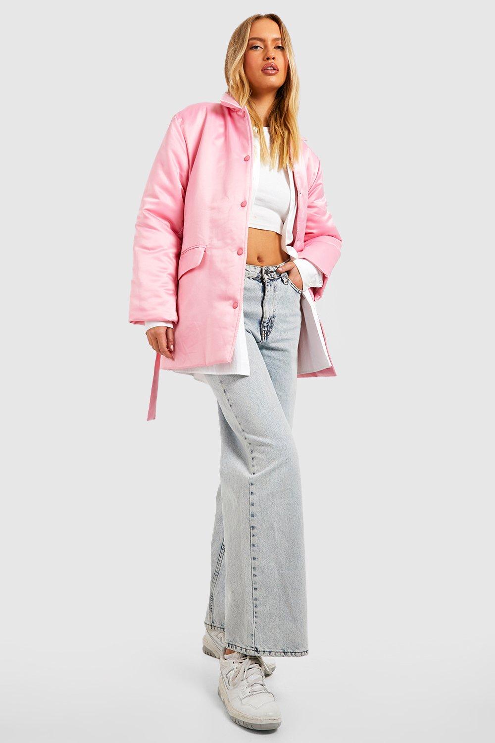 Pink satin puffer jacket deals