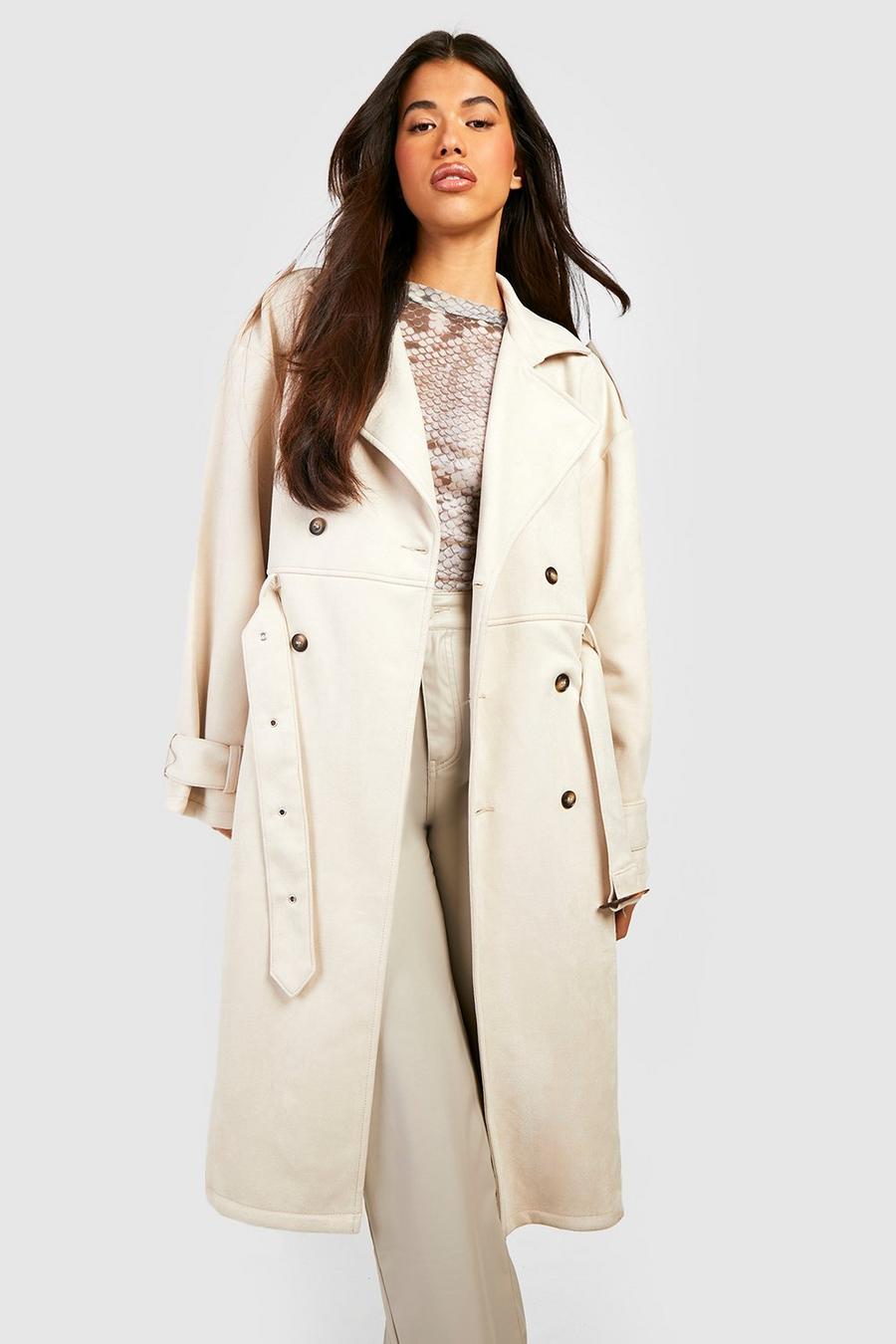 Cream Oversized Faux Suede Trench Coat image number 1