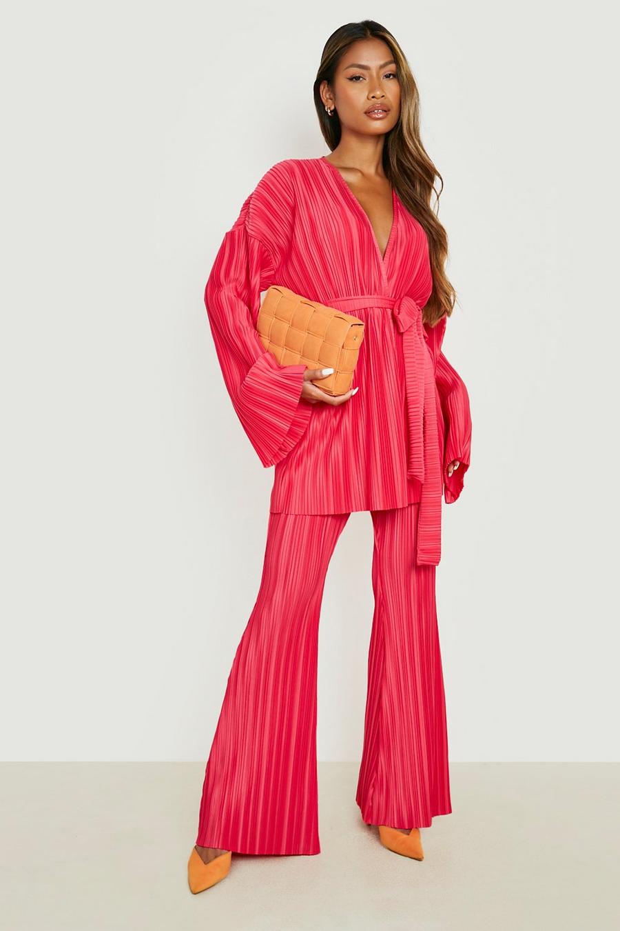Hot pink Plisse Belted Kimono