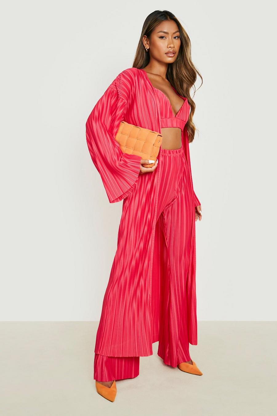Hot pink Plisse Wide Sleeve Maxi Kimono image number 1