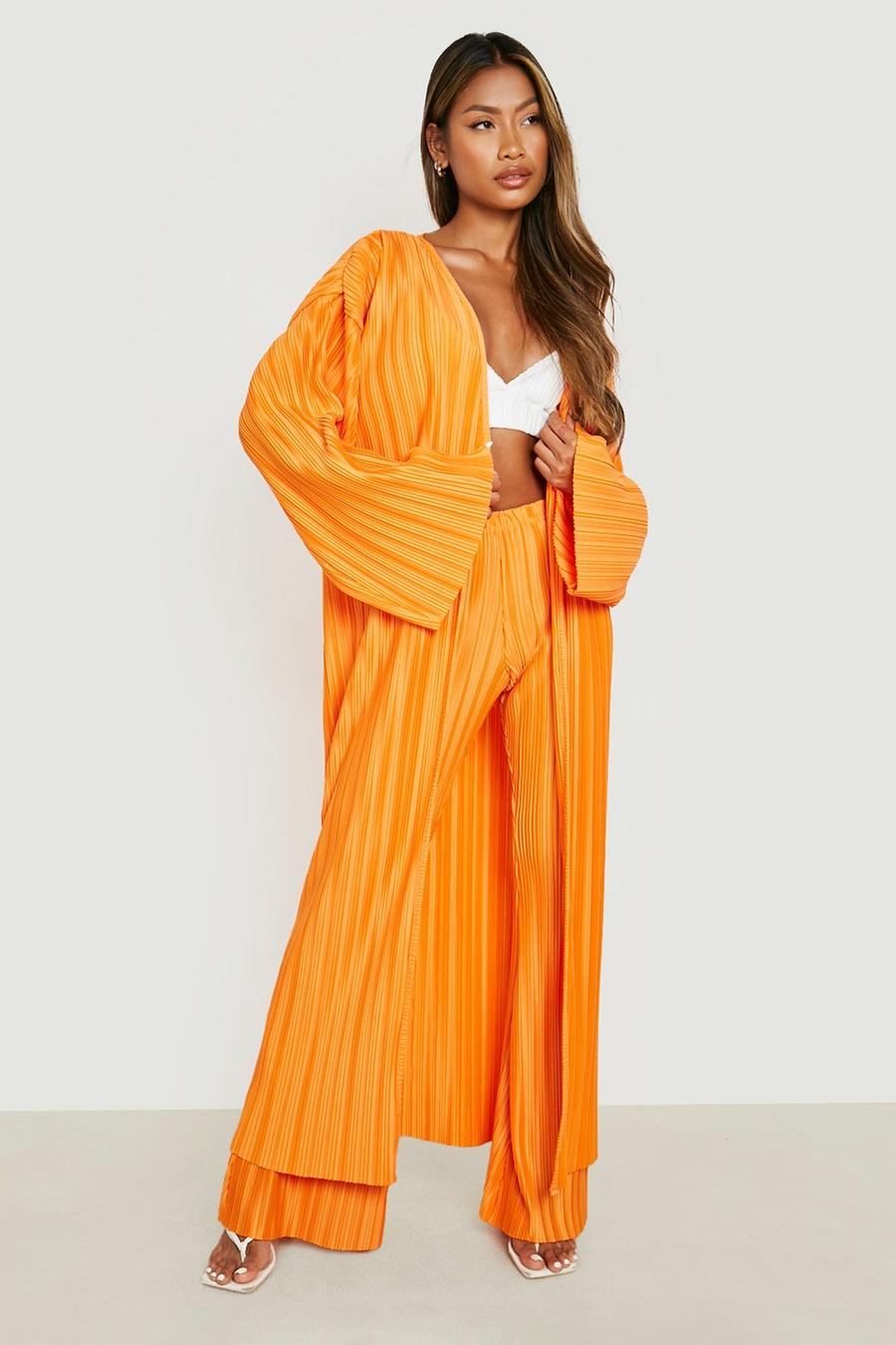 Orange Plisse Wide Sleeve Maxi Kimono image number 1