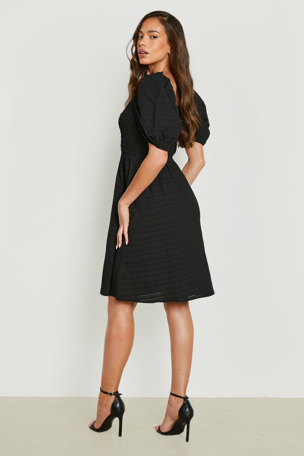 Shirred Textured Puff Sleeve Smock Dress | boohoo