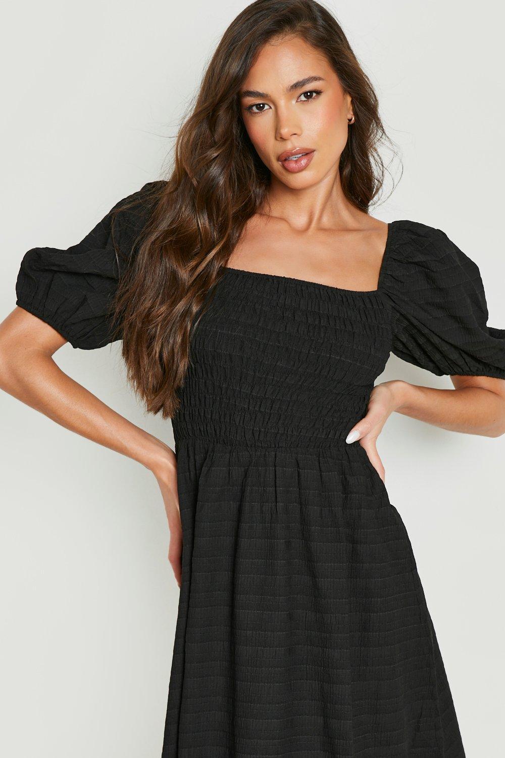 Shirred Textured Puff Sleeve Smock Dress boohoo IE