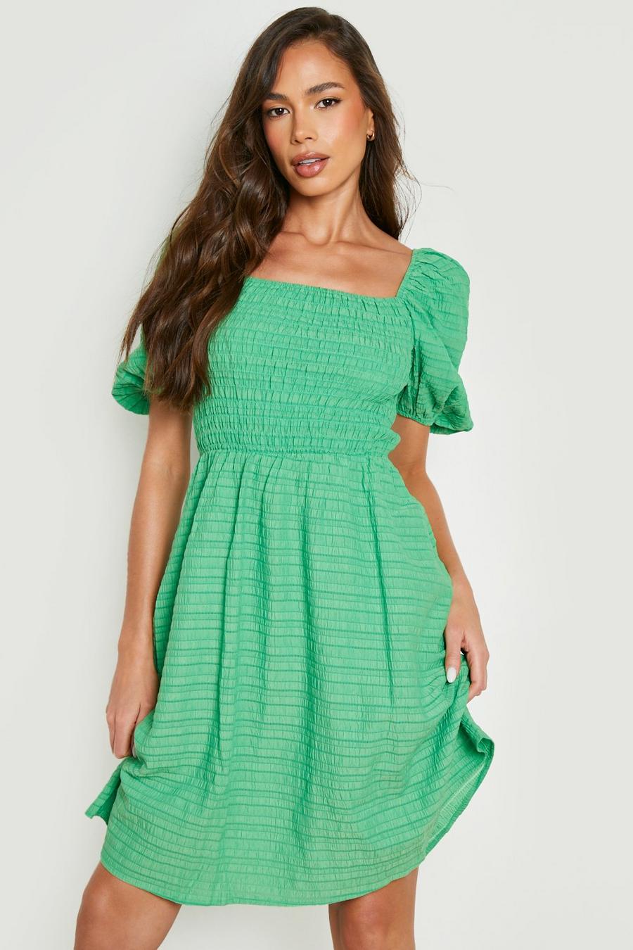 Green Shirred Textured Puff Sleeve Smock Dress