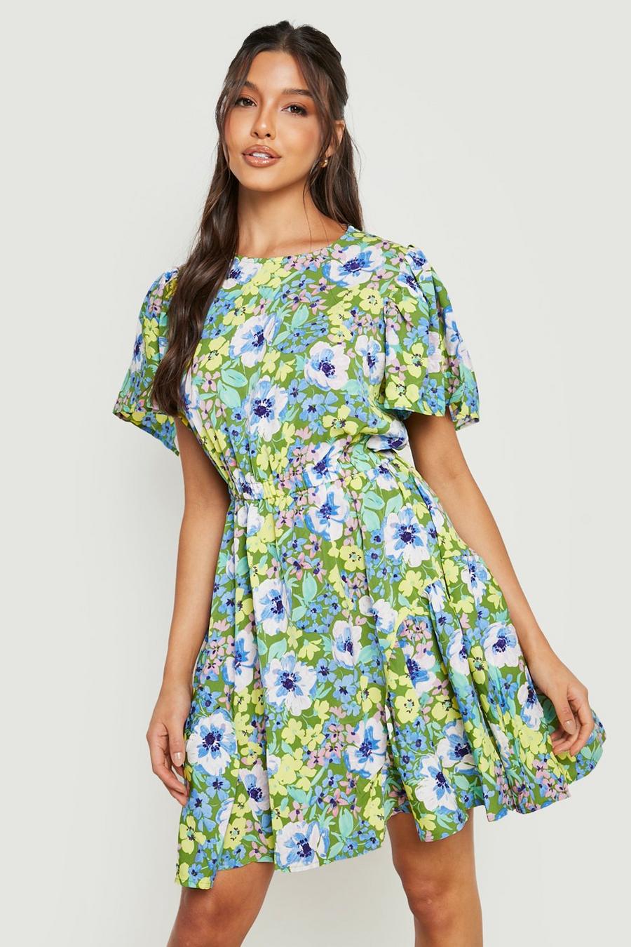 Green Floral Frill Hem Mini Dress