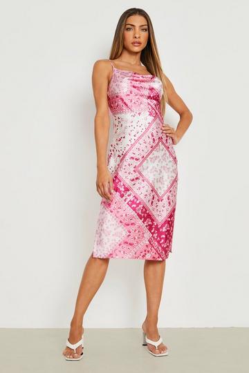 Paisley Print Strappy Midi Slip Dress hot pink