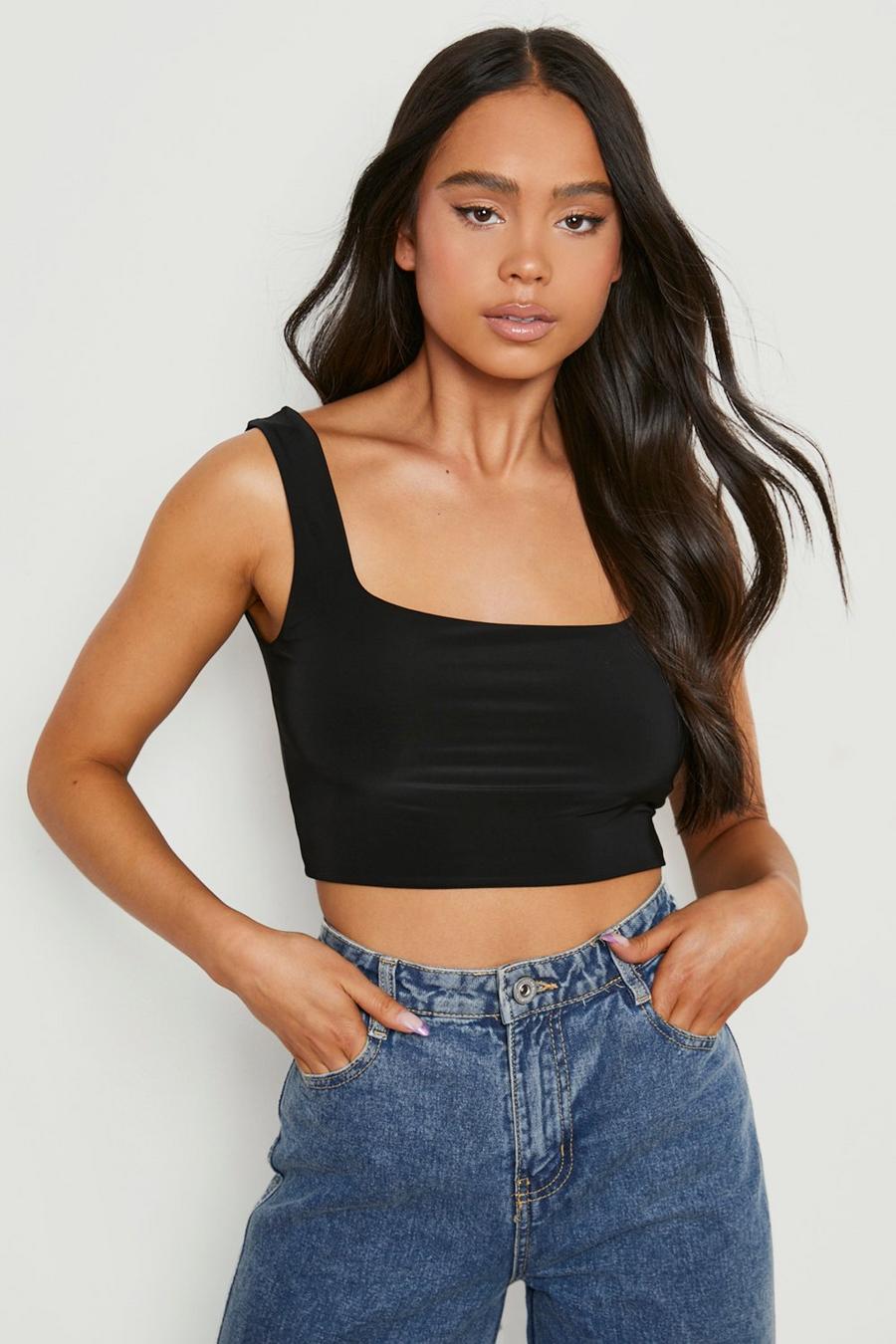 Black Petite Double Slinky Square Neck Crop Top  image number 1